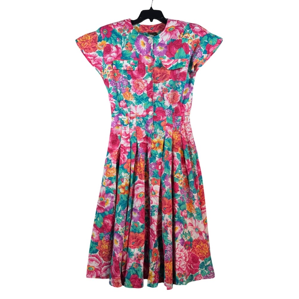 Stuart Alan‎ Dress Pink Floral Button Front Pleated Vintage Womens 12